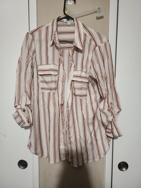 Express Striped Button-Down Shirt in Cream and Brown
